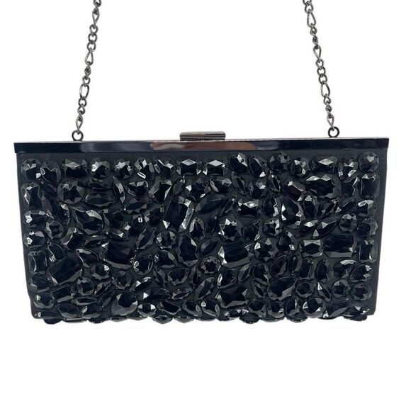 White House Black Market Black Faceted Beaded Evening Clutch Hard Case - Picture 6 of 11